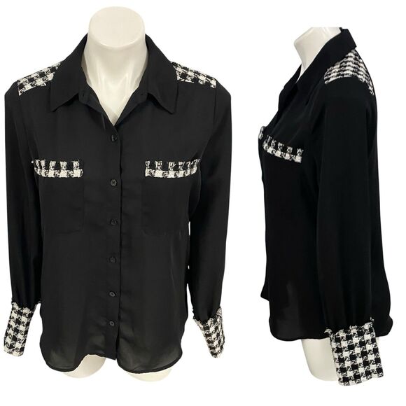 Laundry by Shelli Segal Top Womens Sz Small Black Houndstooth Shirt Work Office - Picture 3 of 16